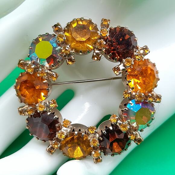 Vintage Karu Arke Style Autumn Rhinestone Wreath Brooch Topaz AB 1.75\